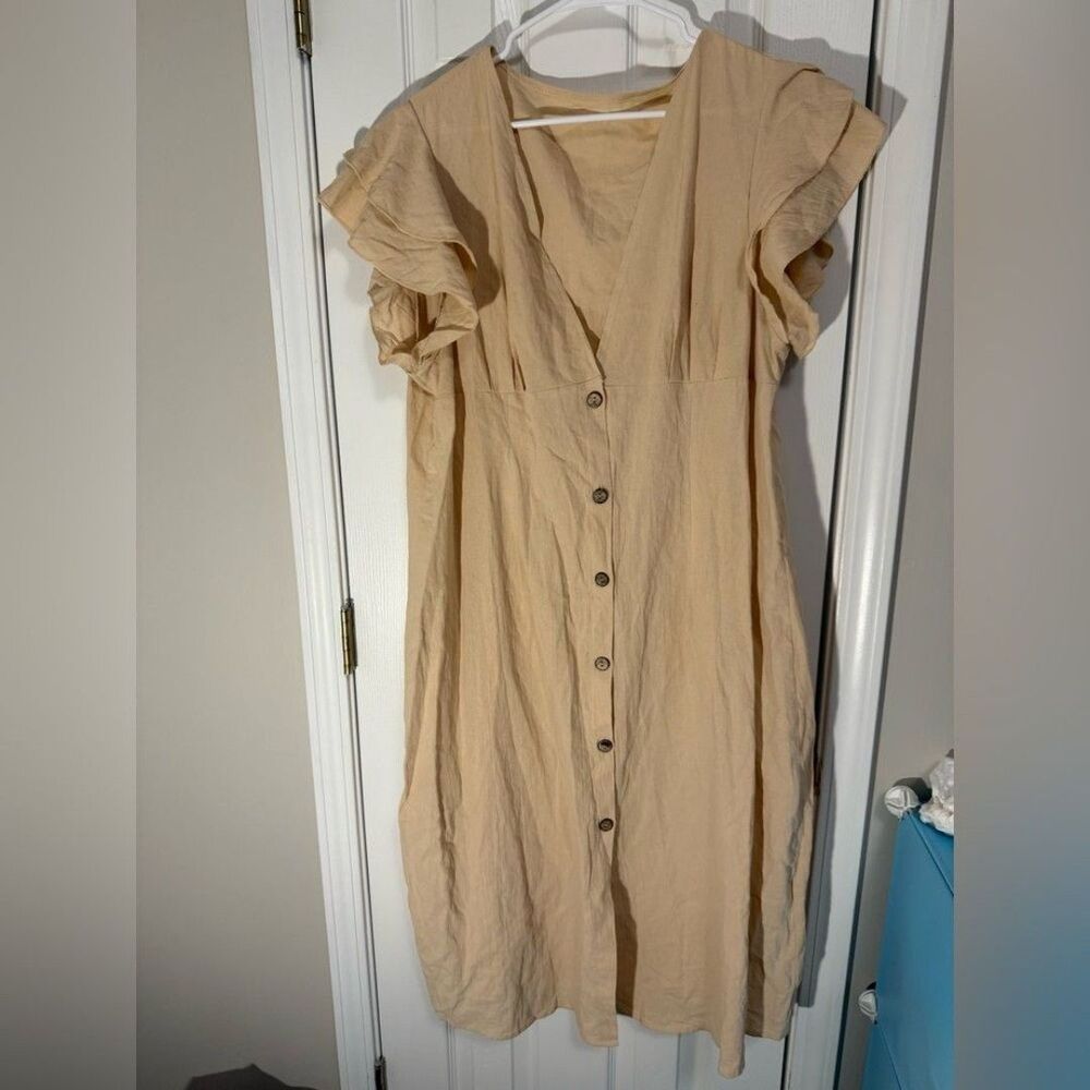 SHEIN Beige Button Front Midi Dress Women’s Size XXXL Flutter Sleeve Casual